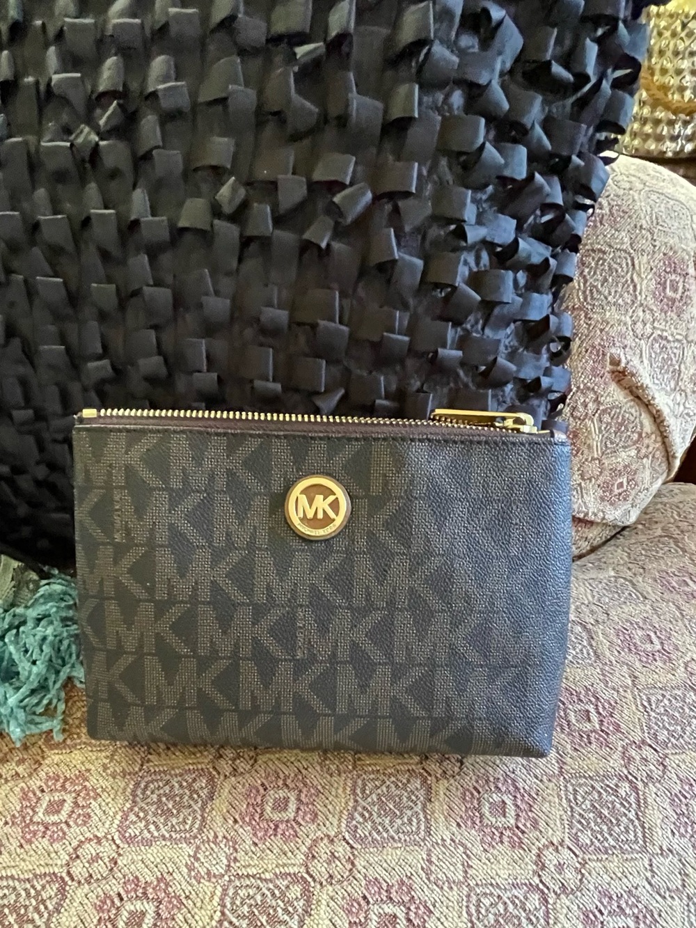 Michael Kors Brown Logo Cosmetic Pouch with Gold Tone MK Emblem